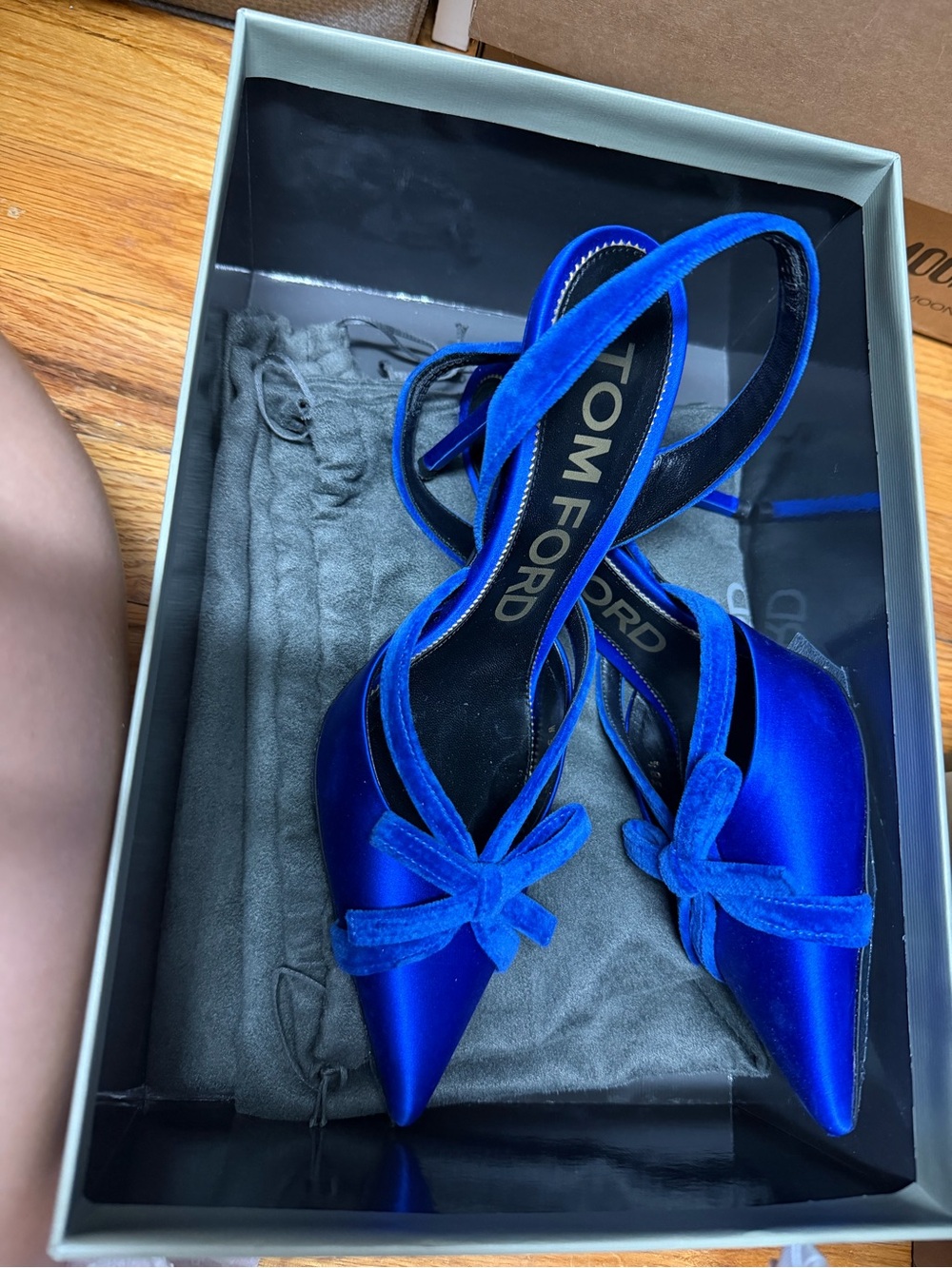 Tom Ford Cobalt Blue Satin Pointed-Toe Slingbacks with Bow - Picture 4 of 4